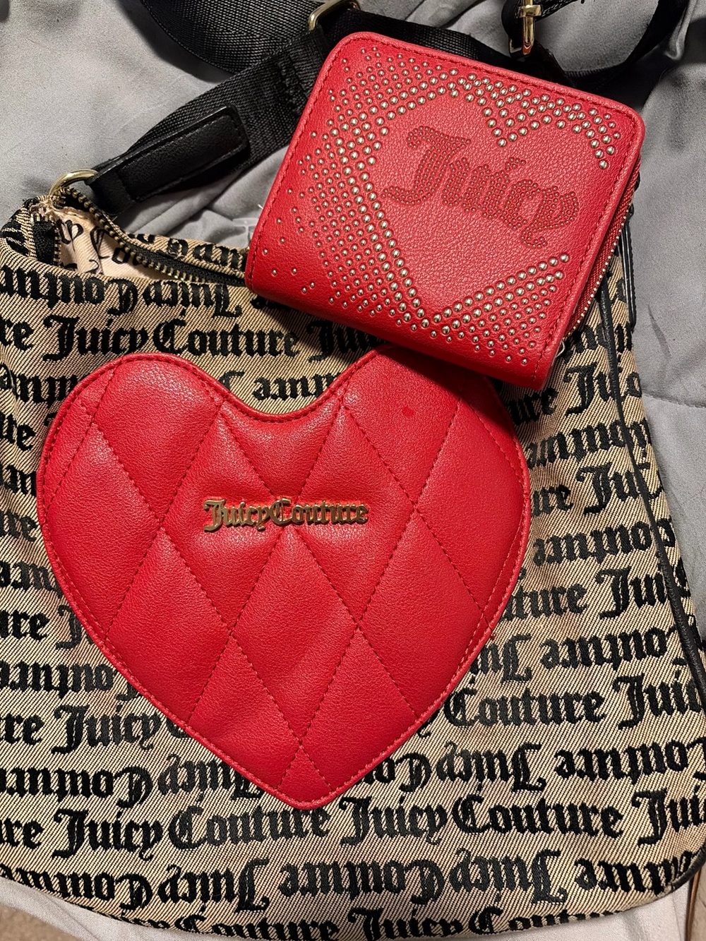 Juicy Couture Red Quilted Heart Shoulder Bag with Matching Red Studded Wallet